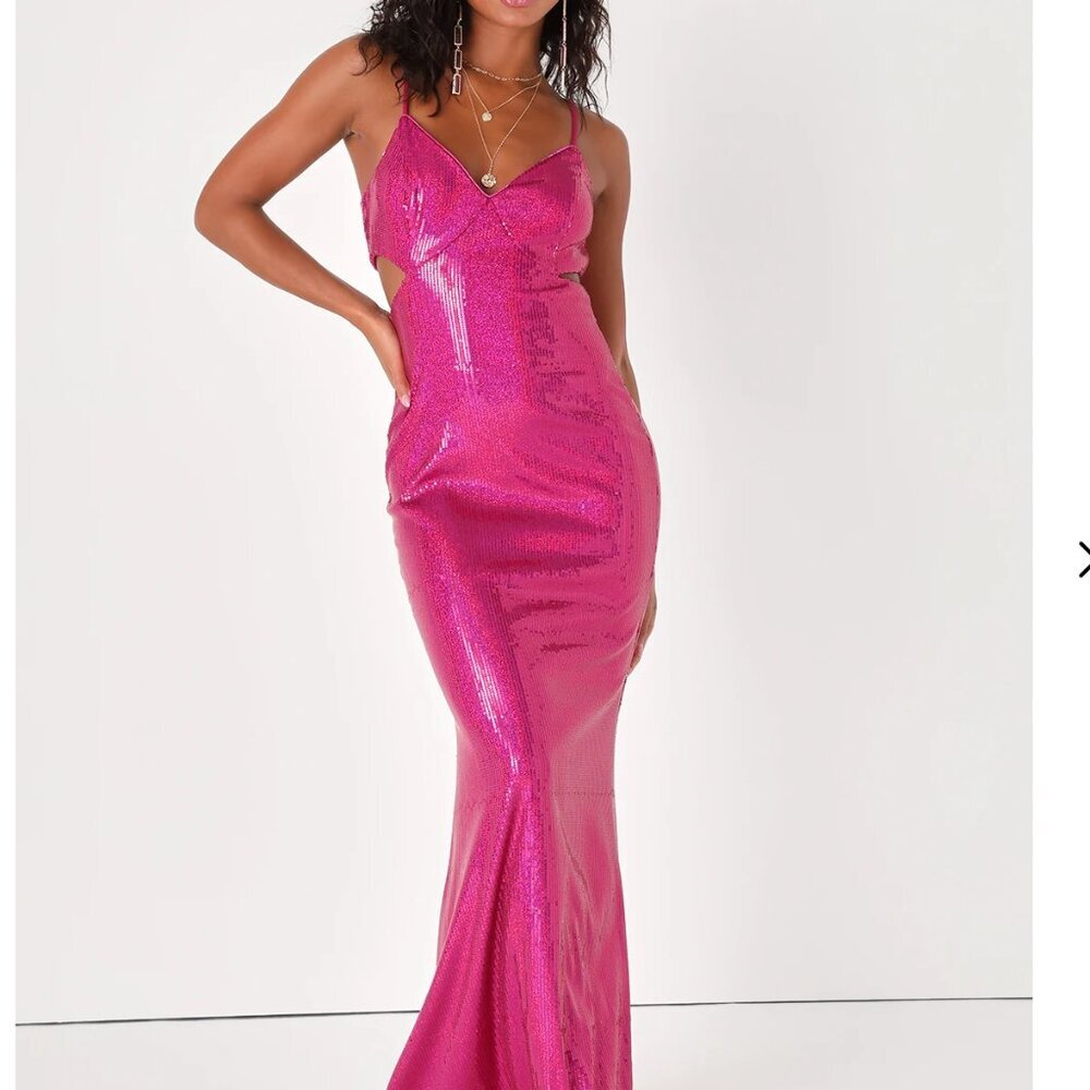 Lulus Glamorous Affair Magenta Sequin Cutout Maxi Dress Pink - Size L - Picture 6 of 6